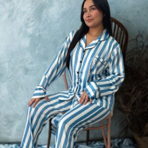 Fancy CH satinado, pantalón y mga corta - rayas blue & white